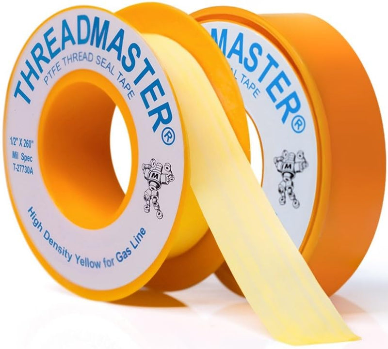 Yellow Gas Pipe Thread Seal Tape, 260" Length 1/2" Width, Teflon Tape for Gas Fittings, Used as High Density Plumbers Tape, Pack of 2