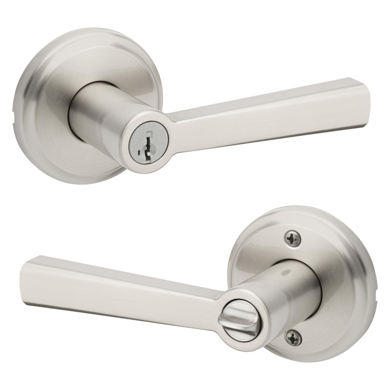 Kwikset Trafford Entry Door Handle with Lock and Key, Secure Keyed Reversible Lever Exterior, for Front Entrance and Bedrooms, Satin Nickel, Pick Resistant Smartkey Rekey Security and Microban Keyed Entry