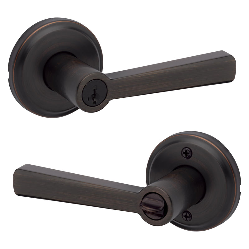 Kwikset Trafford Entry Door Handle with Lock and Key, Secure Keyed Reversible Lever Exterior, for Front Entrance and Bedrooms, Venetian Bronze, Pick Resistant Smartkey Rekey Security and Microban Keyed Entry