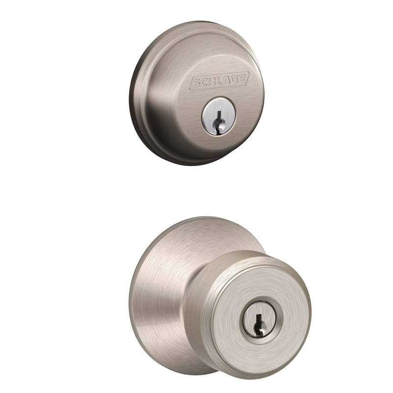 Schlage FB50 N V BWE 619 Single Cylinder Deadbolt and Keyed Entry Bowery Knob, Satin Nickel