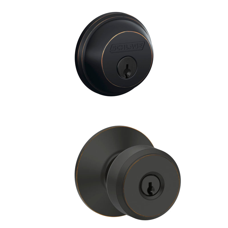 Schlage FB50 N V BWE 716 Single Cylinder Deadbolt and Keyed Entry Bowery Knob, Aged Bronze
