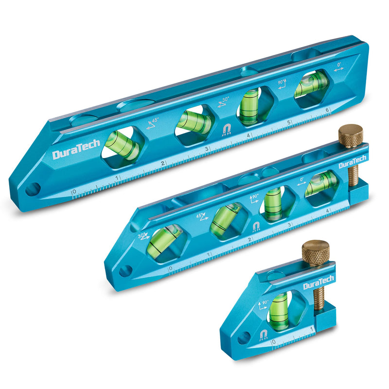 DURATECH 3-Piece Level Tool Set, Magnetic Torpedo Level Included 2.5", 6.25", 8" Level with 0°/30°/45°/90° Bubbles, V-Groove, Large Viewing Window, Aluminium Alloy Construction, SAE and Metric Scale