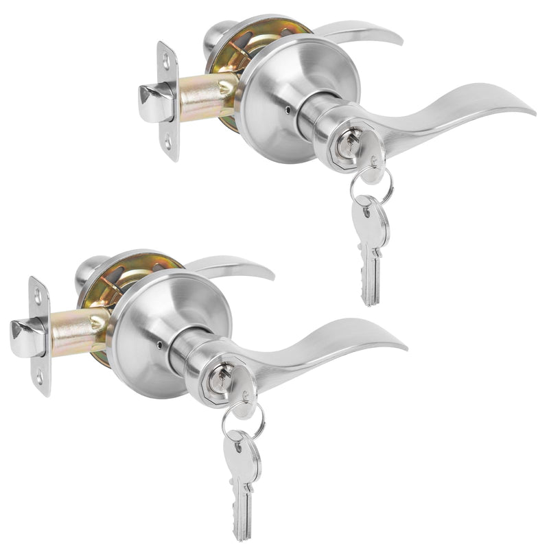 HOSOM 2-Pack Entry Door Lever Handles with Lock & Key, Wave Style Lever Handles, Satin Nickel Finish for Modern Entrance Doors 2 Pack