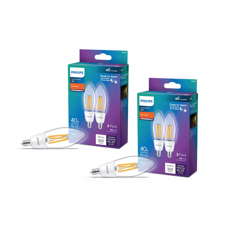 PHILIPS LED 40W B12 4-Pack Dusk to Dawn Soft White (2700K) 300 Lumen (3W = 40W) Clear Flicker-Free Candelabra Light Bulbs