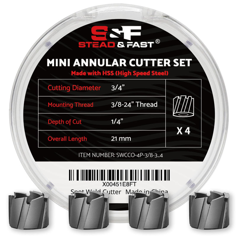 S&F STEAD & FAST Spot Weld Cutter Drill Bit 4 Pcs, Spot Weld Removal Replacements, Cutting Diameter 3/4", 3/8" Shank, Annular Cutter for Hand Drill, Auto Body Tools, Collision Repair, Car Restoration