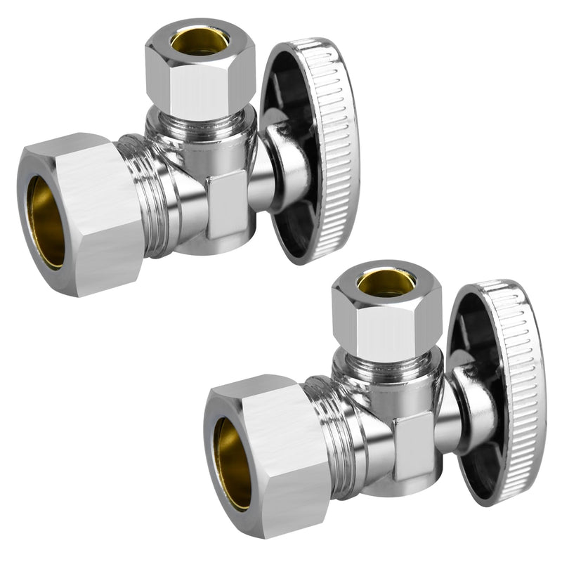 Stop Valves, 2 Pack 1/2" × 3/8" Angle Stop Valve, 1/2" Nominal (5/8" OD Comp.) Angle Input, 3/8" OD Compression Output, 1/4 Turn, Chrome Plated Brass for Kitchen, Faucet, Toilet Valves 2 Pack Nominal Angle Valve