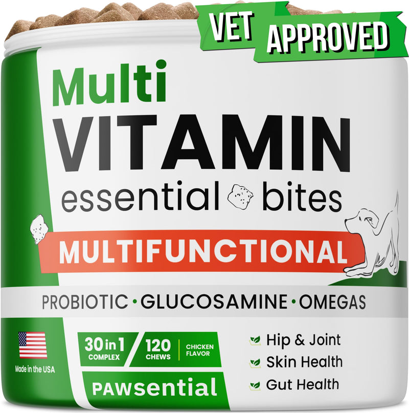 Dog Multivitamin Chewable Supplement - Vitamins + Glucosamine, Omega, Probiotics - Hip & Joint Support, Skin & Coat, Gut Health - Adult & Senior Treats Chicken 120 Ct - PawsPlanet Australia