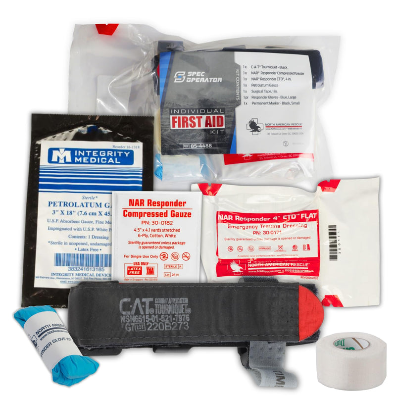 NAR Individual First Aid Kit | C-A-T Tourniquet, Trauma Dressing, Gauze | Vacuum Sealed, Clear