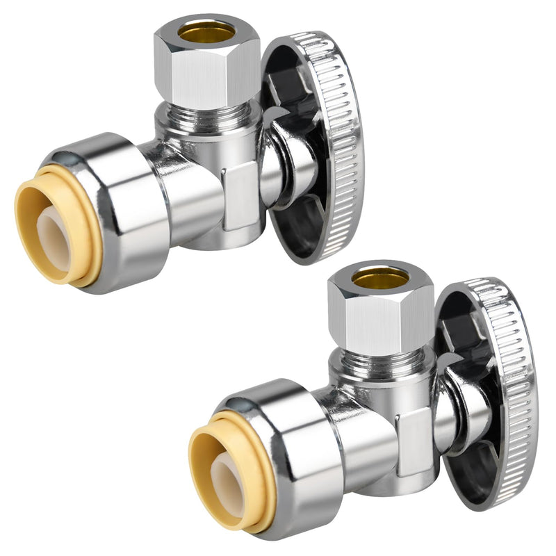 1/2/5/10/20pcs Stop Valves, 1/2" × 3/8" Angle Stop Valve, 1/2" PTC Input, 3/8" OD Compression Output, Push to Connect, 1/4 Turn, Chrome Plated Brass for Faucet, Toilet Valves, No Lead (2pcs Angle) 2×Angle
