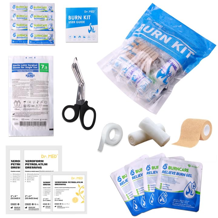 Dr.Med Burn Kit, 4pcs Burn Dressings 4x4”, 8pcs Burn Gel 3.5g, 4pcs Non-Adherent Xeroform Petrolatum Gauze, Burn First Aid Cooling Soothing Cream with Bandage, Latex Surgical Gloves, Scissors, Tape