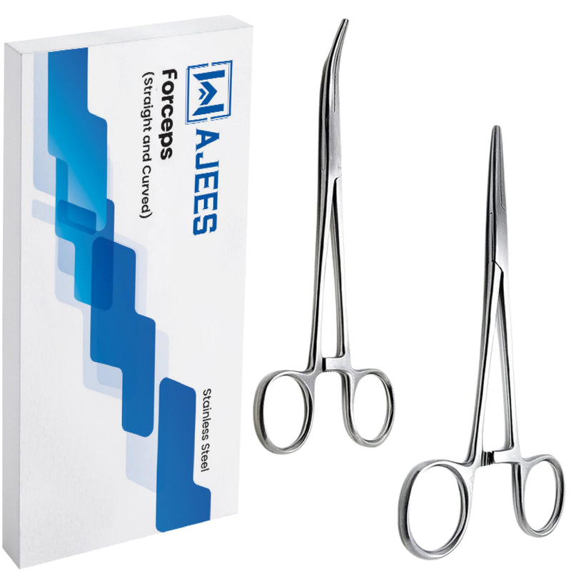 Fishing Forceps Curved and Straight 5” 2 Pcs Mosquito Forceps Forceps Tweezer, Clamps Fishing Forceps Set, Locking Small Forceps Stainless Steel Clamps Small Set 5" Silver