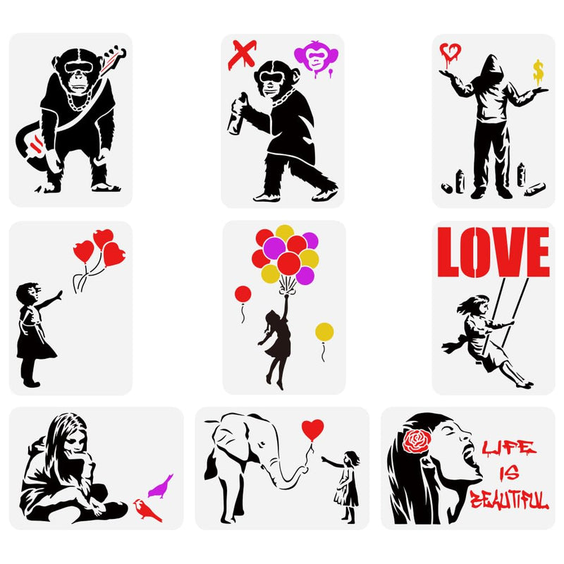 FINGERINSPIRE 9 pcs Banksy Painting Stencil 8.3x11.7inch Reusable Banksy Girl Boy Chimpanzee Pattern Drawing Template Life is Beautiful Decoration Stencil for Painting on Wood Wall Fabric Furniture - NewNest Australia