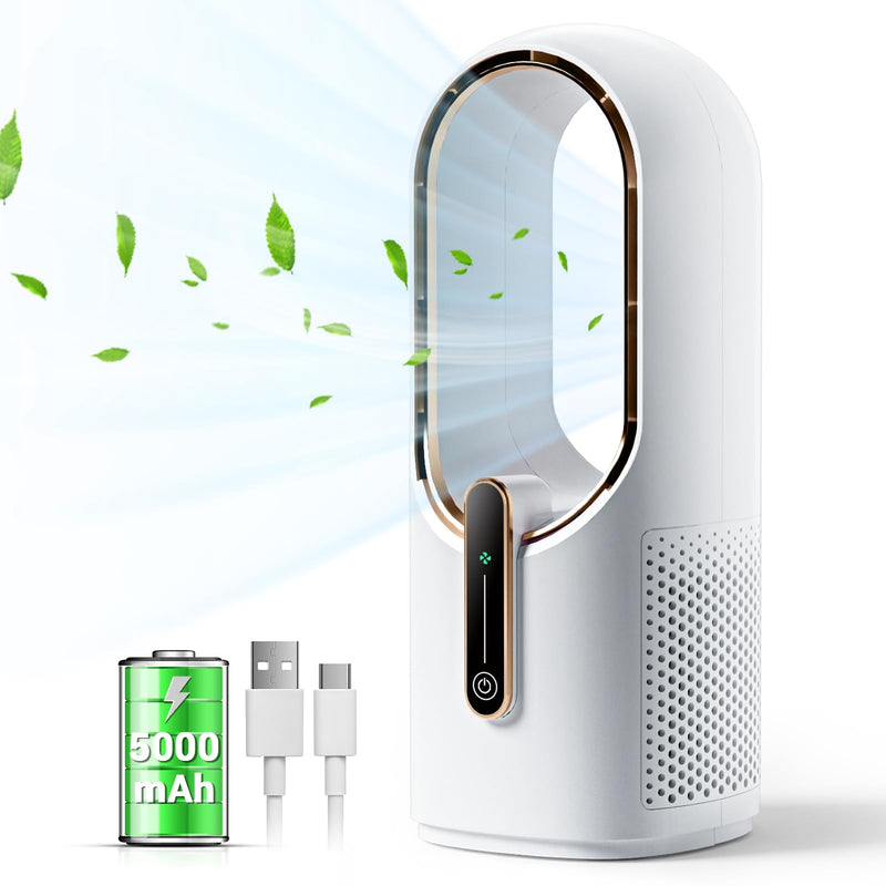 Bladeless Desk Fan, 11.8 Inch Small Rechargeable Fan, 30dB Quiet, 3 Speeds White/Gold, With Battery
