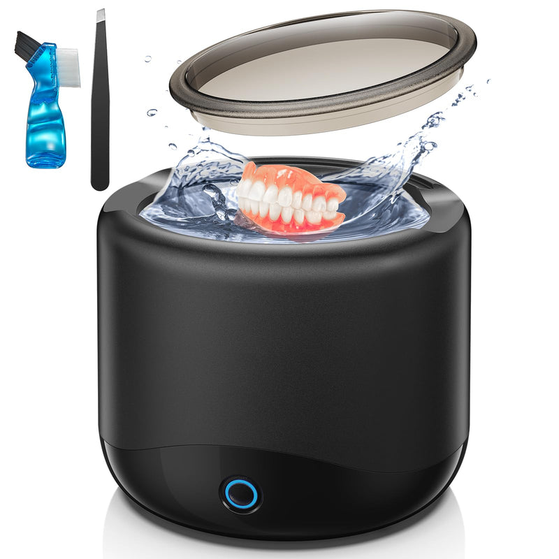 Jewelry Cleaner Machine,Retainer Cleaning Machine with 45 KHz Portable Professional Denture Cleaner for Retainer, Dental, Mouth Guard, Ring, Silver, Jewelry for Home or Travel Black-1