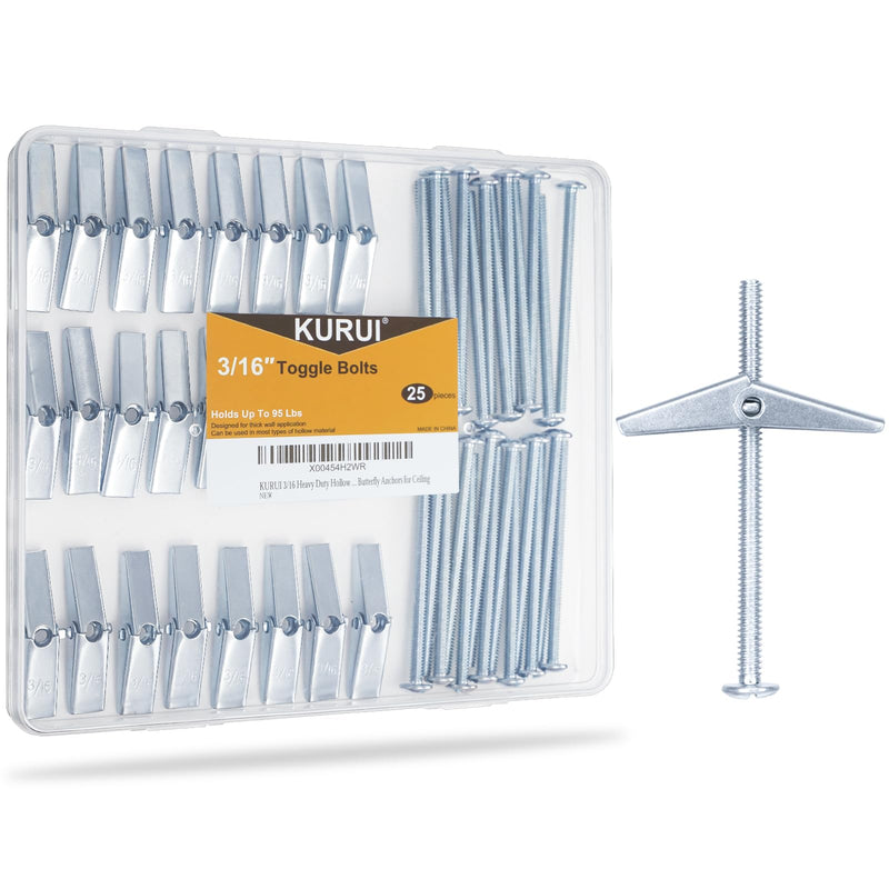 KURUI 3/16 Heavy Duty Drywall Anchors, 25 Pcs Metal Toggle Bolts with Bolts, Dry Wall Anchors and Screws Kit, Butterfly Anchors for Ceiling, Sheetrock, Hollow Wall 3/16"