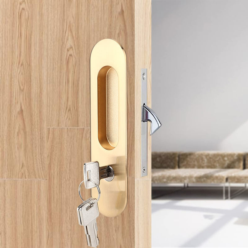Anti Theft Sliding Door Lock Handle with Keys, Invisible Recessed Handle Latch, Pocket Door Lock for Pocket Door Barn Wood Door Interior Privacy Furniture Hardware Inside or Outside Locked (Gold) Gold
