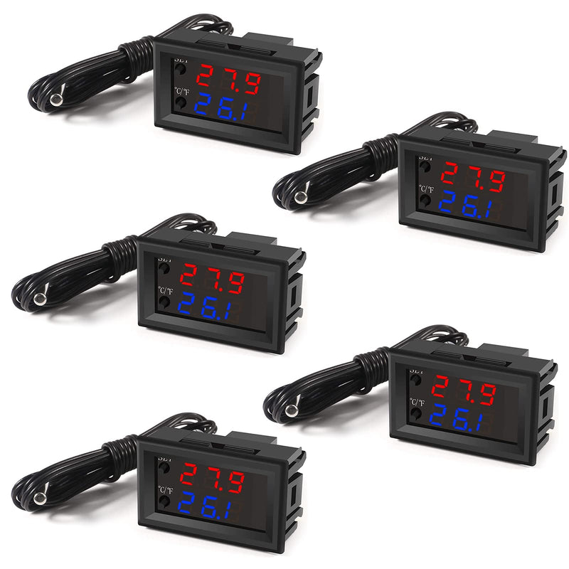 5PCS 12V Electronic Temperature Controller Programmable -50 to 110 Degree Celsius Heating/Cooling Thermostat Control Switch Module NTC Waterproof Sensor Probe Dual Color LED Display Monitor 5PCS