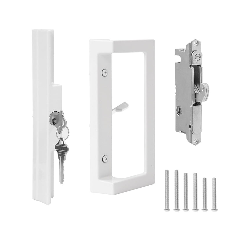 Sliding Patio Door Handle Set with Key Cylinder and Mortise Lock,Sliding Glass Door Handle with Lock Fits Door thicknesse is 1-3/4'' to 2-1/5'' and 3-15/16'' Screw Hole Spacing. Handles With Key Cylinder
