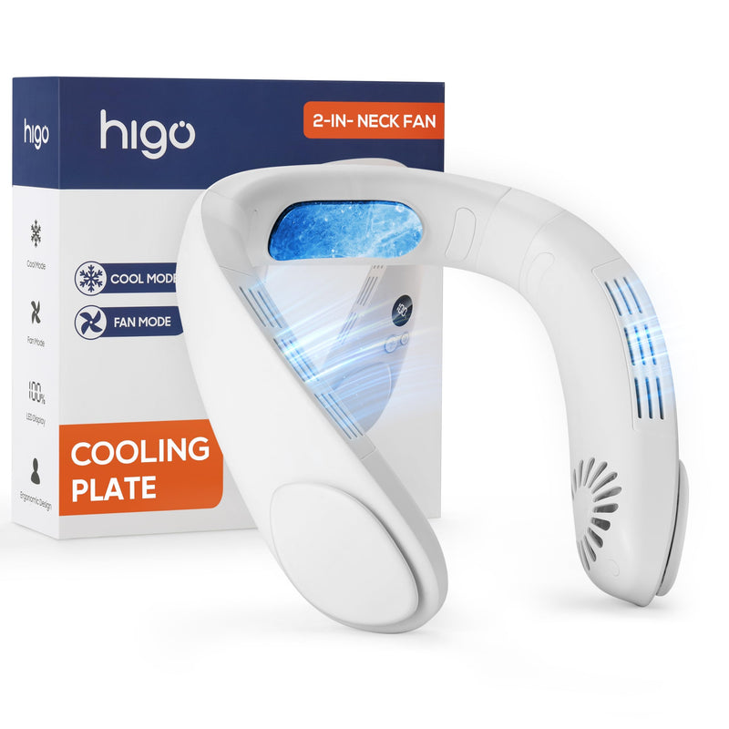 HIGO Neck Fan with Cooling Plate, Neck Air Conditioner, 2-in-1 Cooling Neck Fan Portable Rechargeable, Wearable Personal Fan, 4400mAh Large Battery, Ergonomic Design, White