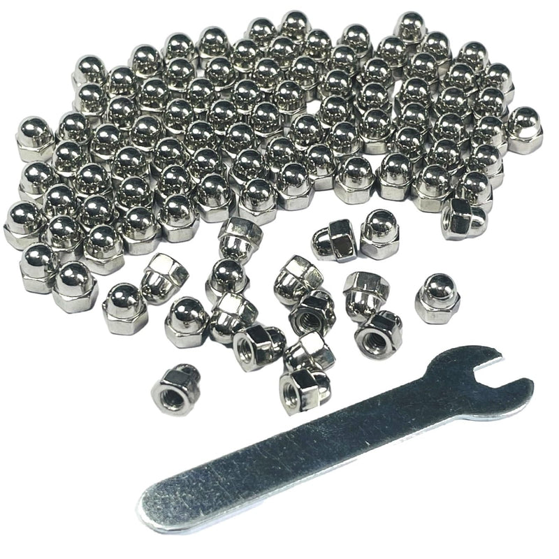 100pcs M3-0.5 Acorn Cap Nuts,M3-0.5 Cap Nuts,Acorn Hex Cap Dome Head Nuts,Dome Nuts,304 Stainless Steel Acorn Nuts,Hardware Nuts,18-8,Bright Finish with Open End Wrench
