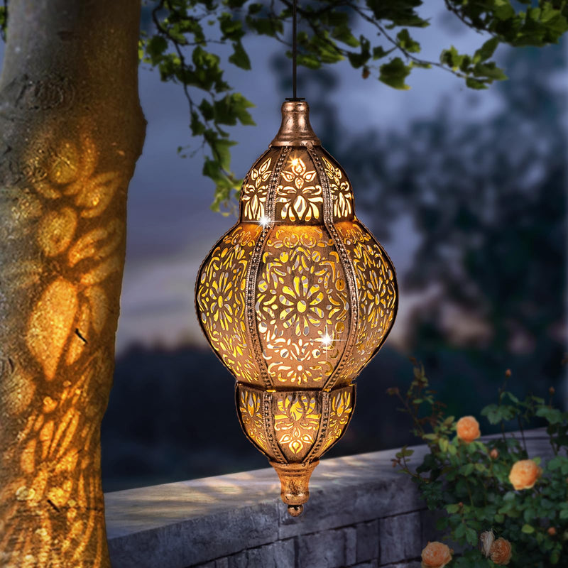 Hanging Solar Lantern Outdoor Decor, Moroccan Solar Lights for Outside Garden Decorations, Waterproof Solar Lanterns Garden Gifts for Mom, Women, Patio, Yard Ornament Copper