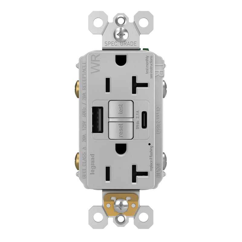 Legrand Pass & Seymour Radiant 20 Amp Hospital-Grade GFCI Wall Power Outlet with 2.0 Amp USB Charger, Gray