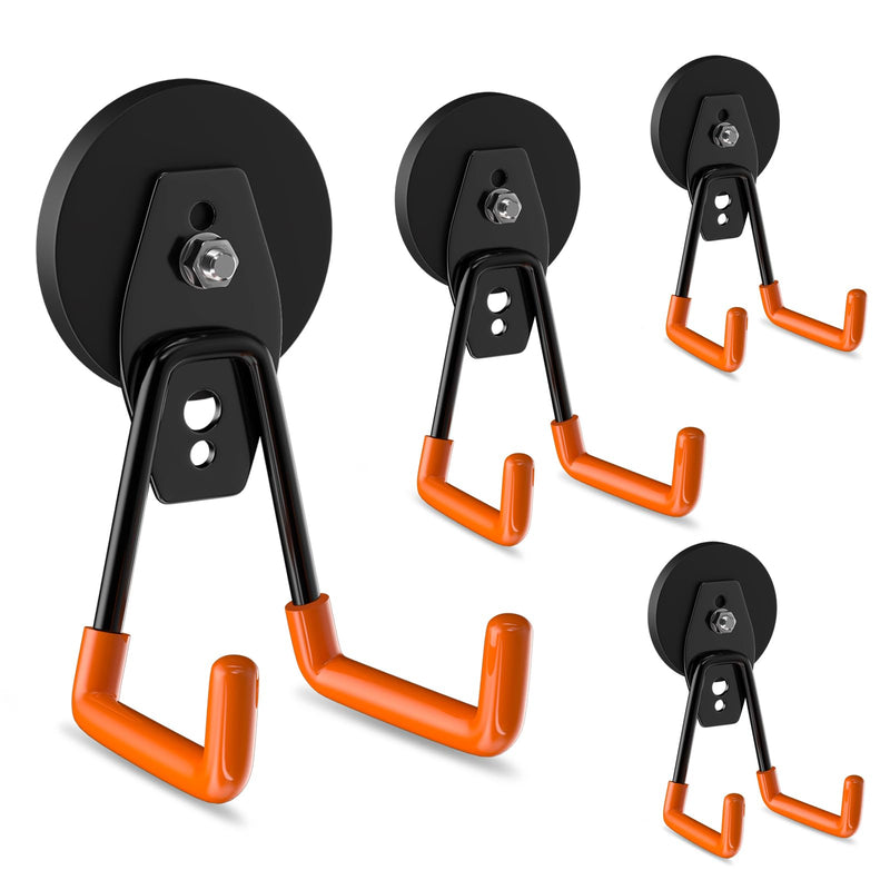 ENUODA Strong Magnetic Hooks Heavy Duty 4 Pack Magnet Garage Hooks Heavy Duty Rare Earth Magnets Utility Storage Hooks for Hanging Ladder, Power Tool, Toolbox, Shovel, Broom, Extension Cord Orange