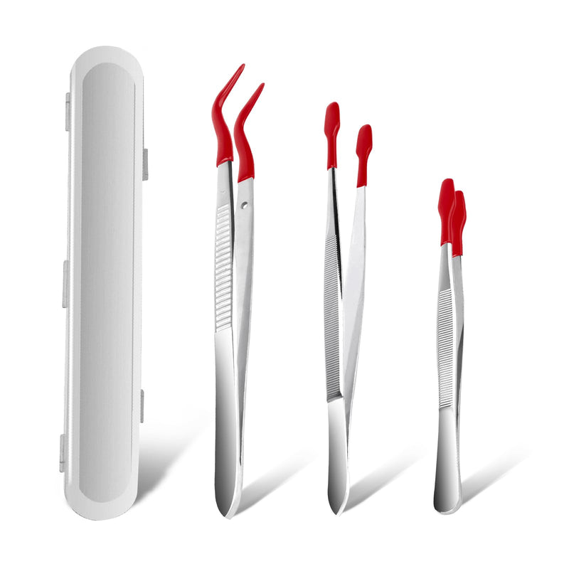 3 Pcs Tip Tweezers with Rubber, Anglekai Non-Marring Silicone Tipped Tweezers Rubber Bent Tip Flat Tweezers, Tweezers for Jewelry Coin Stamp Rubber Tweezers (Red) Red