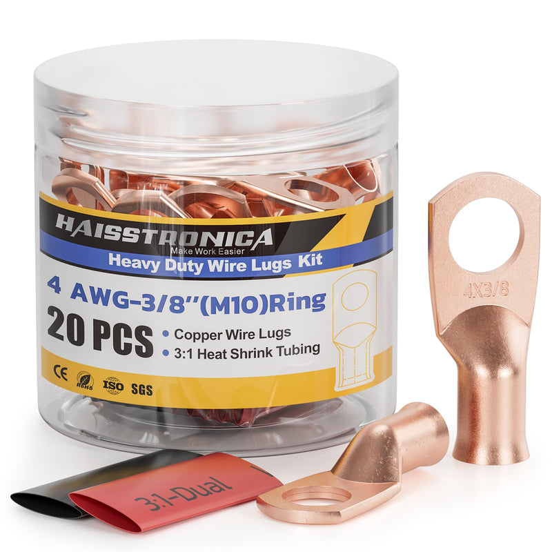 haisstronica 10pcs 4 AWG - 3/8" (M10) Battery Cable Lugs, Heavy Duty Copper Wire Lugs with 10pcs 3:1 Adhesive Heat Shrink Tubing, 4 Gauge Wire Connectors Battery Terminal Connector, Battery Cable Ends 4 AWG- 3/8" (M10) Ring Bare Copper