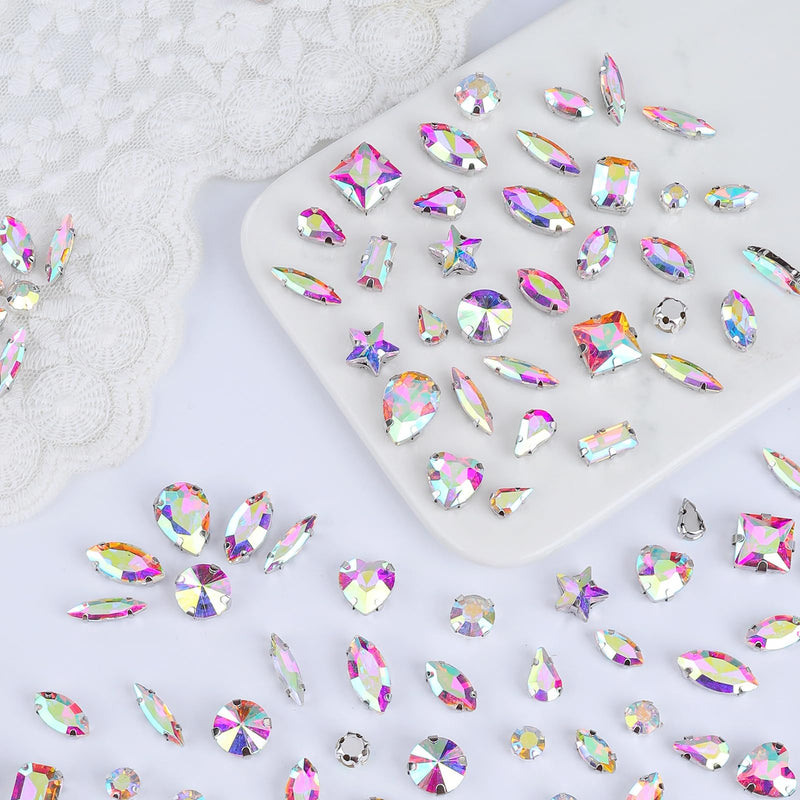 Sew on Rhinestones 205 PCS Glass Mixed Shapes Sew on Crystal Gems Flatback with Silver Claw for Jewelry Crafts Clothes Shoes Costume (AB Rhinestones) Crystal AB