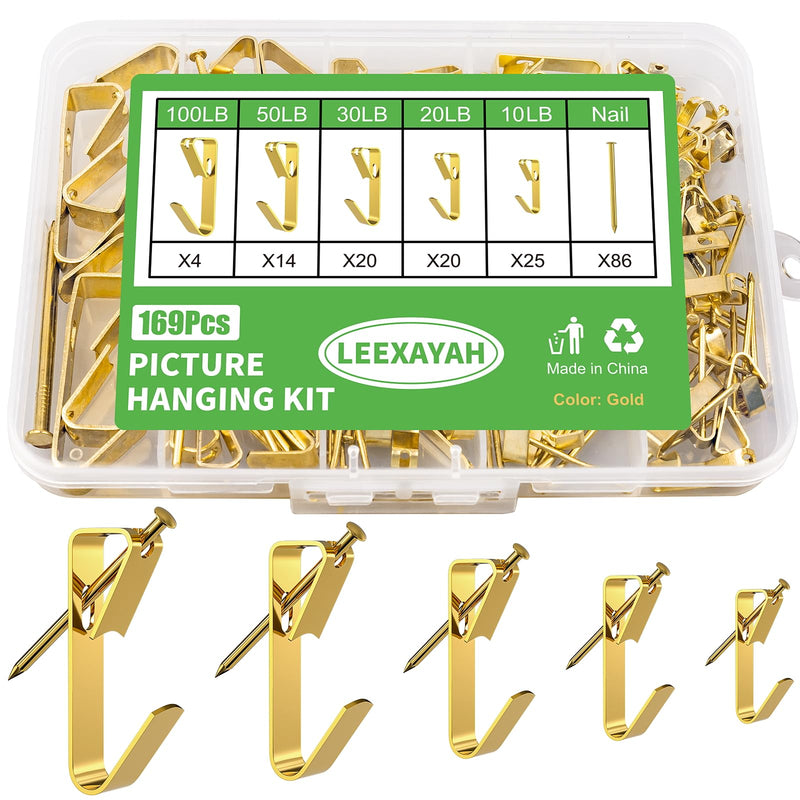 169 Picture Hook Sets, 10-100lb Picture Hanging Kit, Boxed 83 Metal Picture Hangers and 86 Nails, Suitable for Wooden Walls, Plasterboard Picture Hooks.