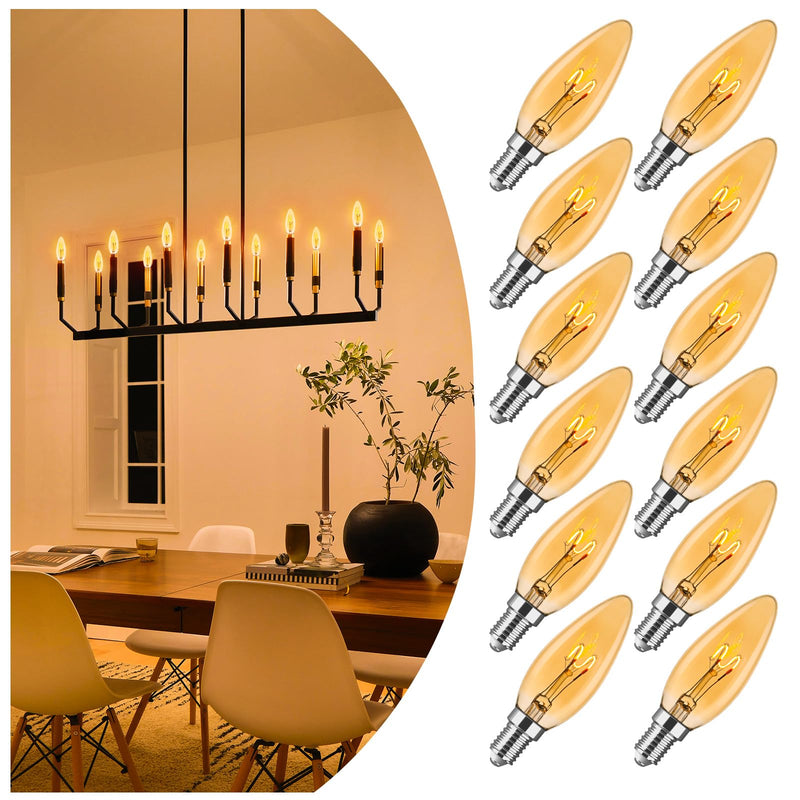 E12 Candelabra Light Bulbs 20W 25W Replacement, Super Thin Filament E12 LED Light Bulbs Dimmable, Chandelier Candle Light Bulb 2000K Soft Warm, Amber Candelabra Type B Light Bulb 12 Pack Amber Glass 2000k Warm Yellow 12 Count (Pack of 1)