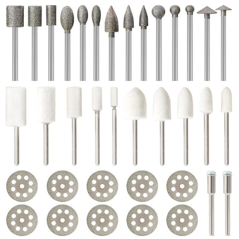 Diamond Burr Set for Dremel, Rotary Tool Grinding Cutting Wheel Stone Glass Tile Jewelry Engraving Rock Etching Masonry 1/8” Die Grinder Carving Cutter Metal Engraver Kit - 36pc Set Style 3