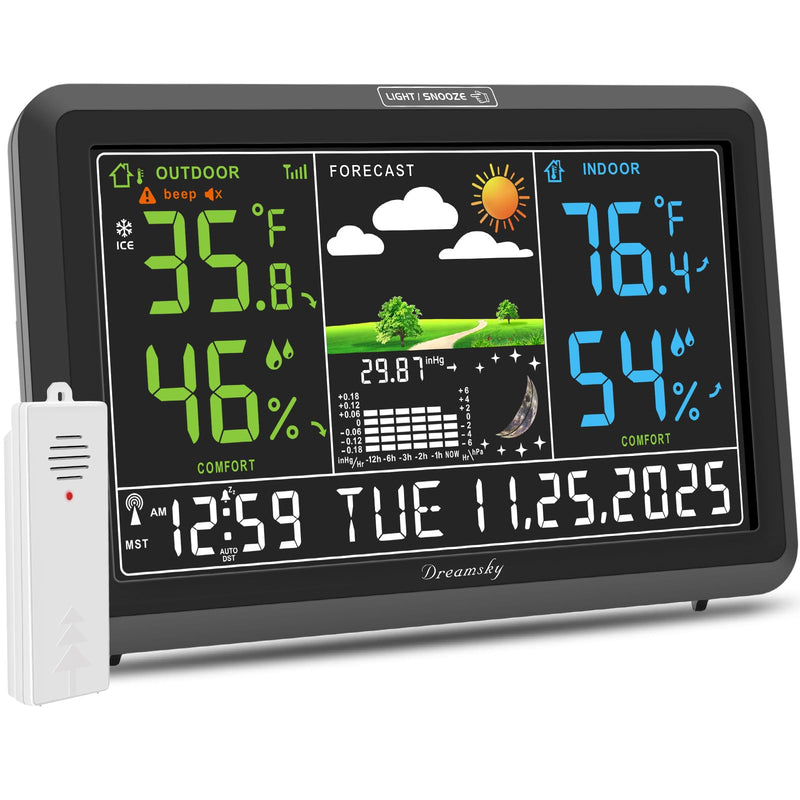 DreamSky Weather Station Indoor Outdoor Thermometer Wireless with Digital Atomic Clock for Home, Large Display with Dimmer, USB Port, Inside Outside Temperature Humidity Monitor (Adapter Powered) Black (Plug-in)