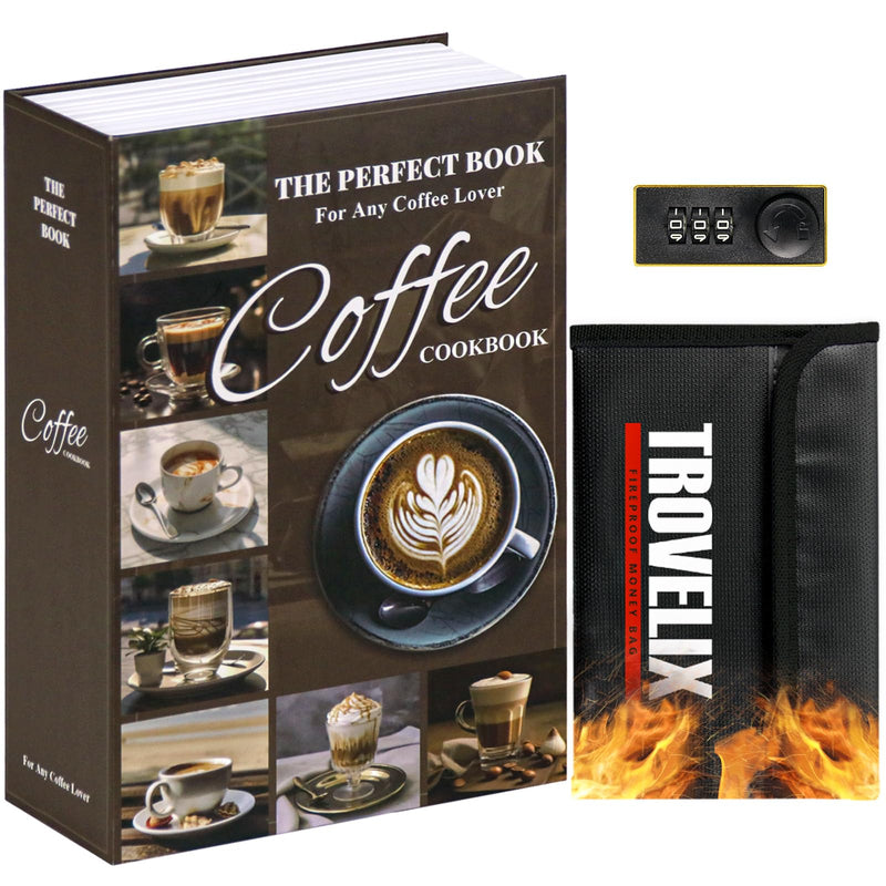 Book Safe with Combination Lock, Hidden Safe (9.5 x 6.2 x 2.2 Inch) with Fireproof Bag, Secret Diversion Safe, Hollow Book Box Hidden Storage, Money Safe Box for Cash (COFFEE) Large COFFEE