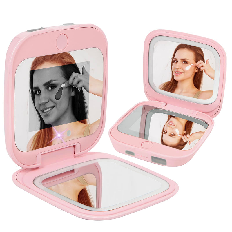 UV Camera Mirror for Sunscreen Test & SPF Detection, 1x/2x Magnifying Travel Mirror with Dimmable LED Lights, Handheld 2-Sided Portable Makeup Mirror for Handbag/Pocket,Pink Pink