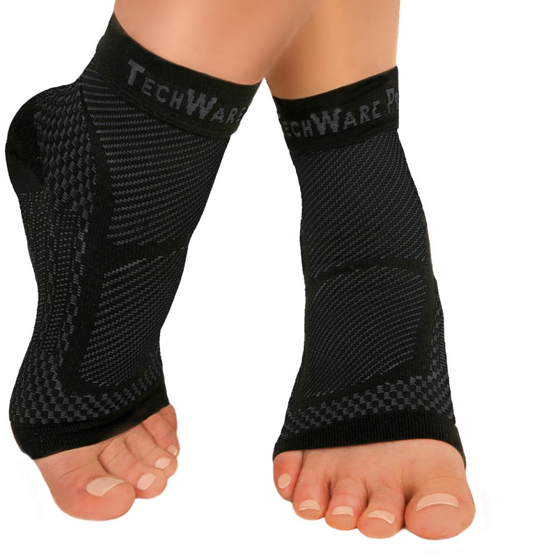 TechWare Pro Ankle Brace Compression Sleeve - Relieves Achilles Tendonitis, Joint Pain. Plantar Fasciitis Sock with Foot Arch Support Reduces Swelling & Heel Spur Pain. Injury Recovery for Sports Black/Black L / XL (see size chart)