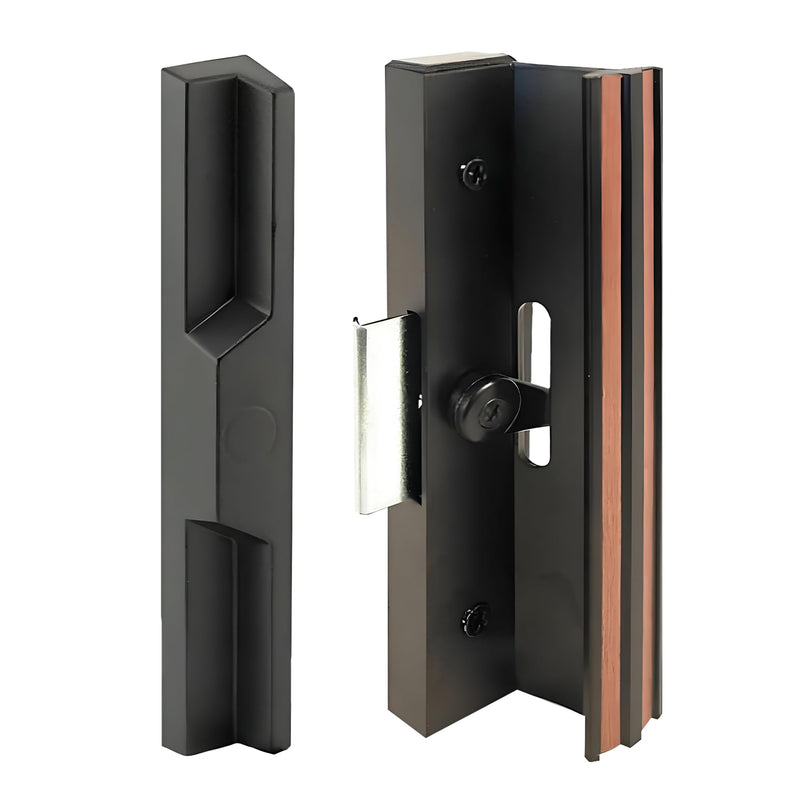 Sliding Patio Glass Door Handle Diecast Sliding Door Handle Set Anodized Black w/ 4-15/16" Hole Spacing – Extruded Aluminum Inside Pull Painted Black – Diecast Pull - Clamp Latch w/ Metal Activator