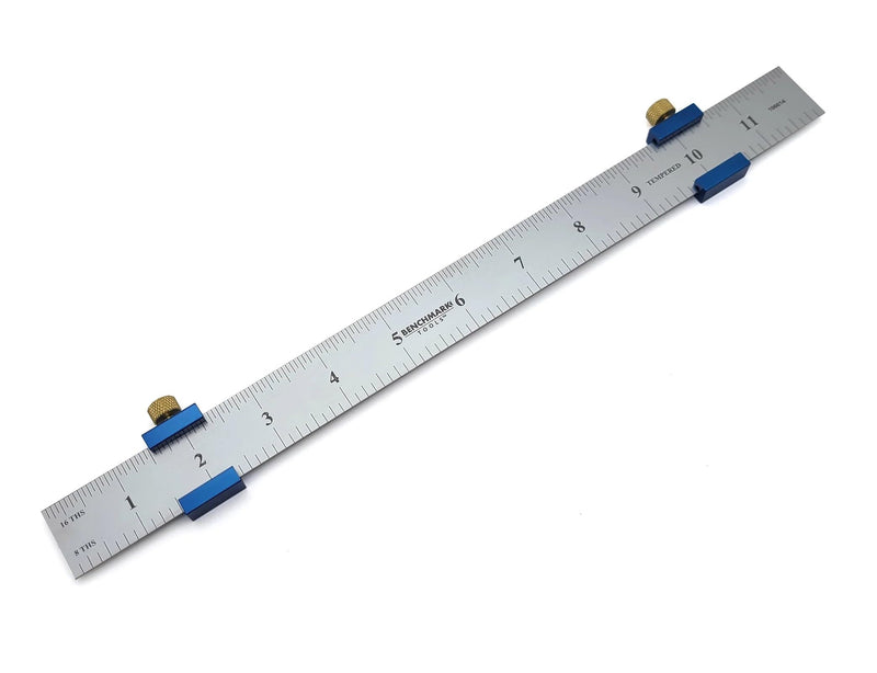 Benchmark Anodized Aluminum Ruler Stops on 12” Stainless Machinist Ruler with 1/16th and 1/8th Inch Graduations