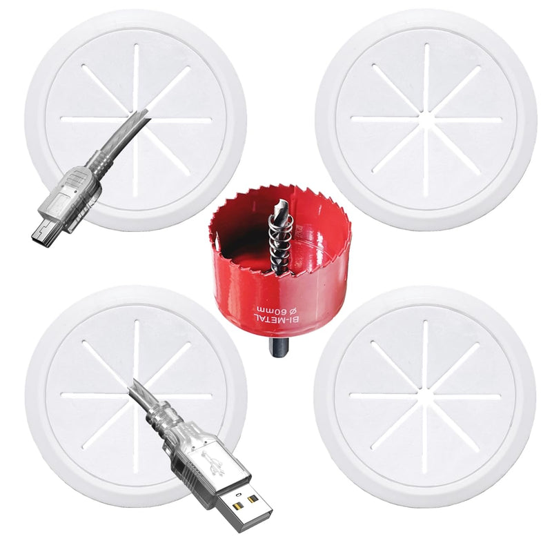 4 Pack TV Wire Hider for Wall, 2-3/8"(60mm Hole) Cord Hider in Wall Cable Management Kit, Includes 4 Pass Throughs and 1 Hole Saw Drill Attachment Easy to Install 60mm - 4 Pack