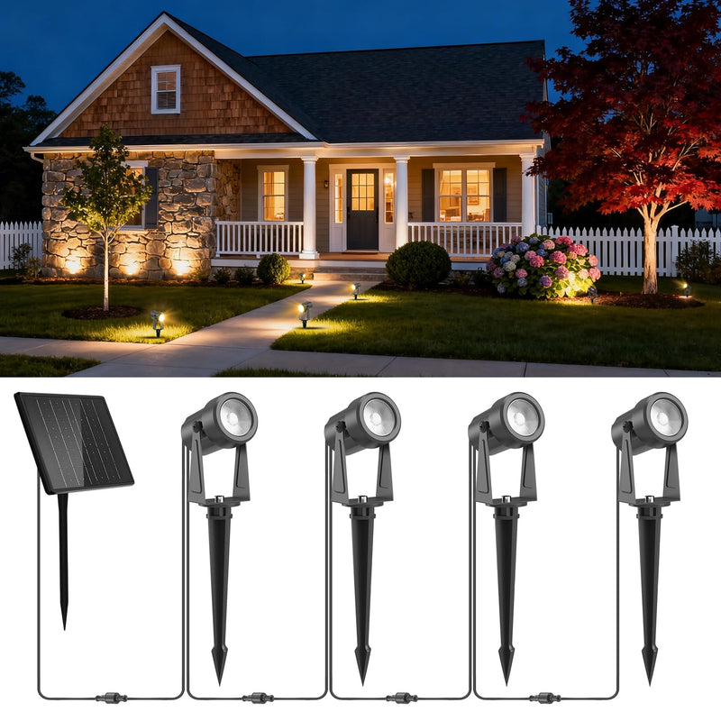 ZYAN Solar Landscape Spot Lights Outdoor 24ft Cable 6W Monocrystalline Panel & USB-C Powered 5400mAh All-Night Lighting Auto Dusk to Dawn IP65 Waterproof Warm White LED Uplights for Yard Pathway Trees 4 Pack