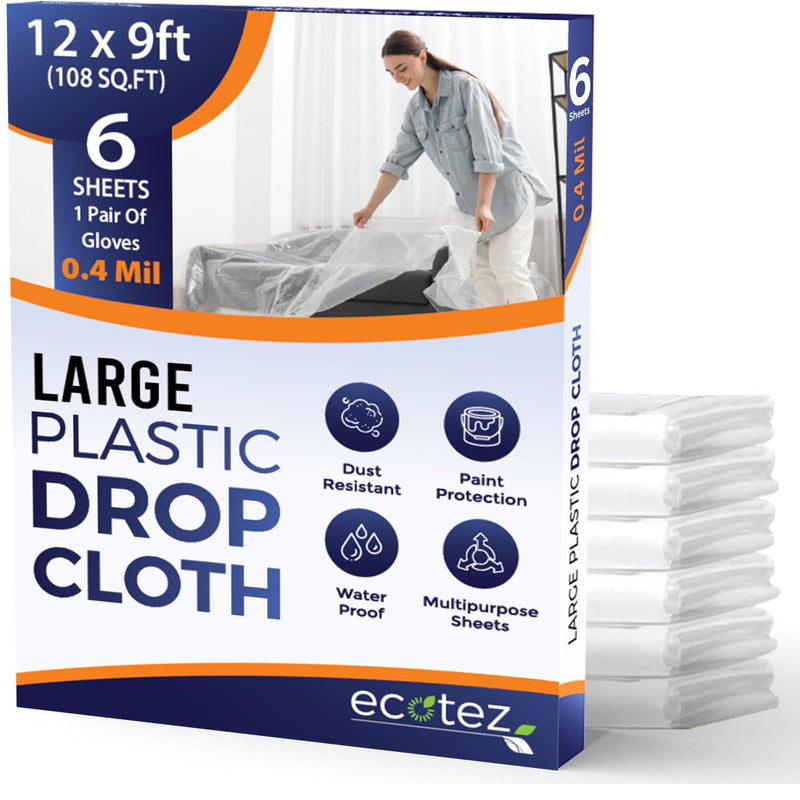 6 Pack 12 x 9 ft Extra Large Painter's Drop Cloth - Light & Durable Dust Cover - Clear Plastic Sheet - Paint Drop Cloth - Plastic Floor Protector 0.4 Mil - 6 Pack
