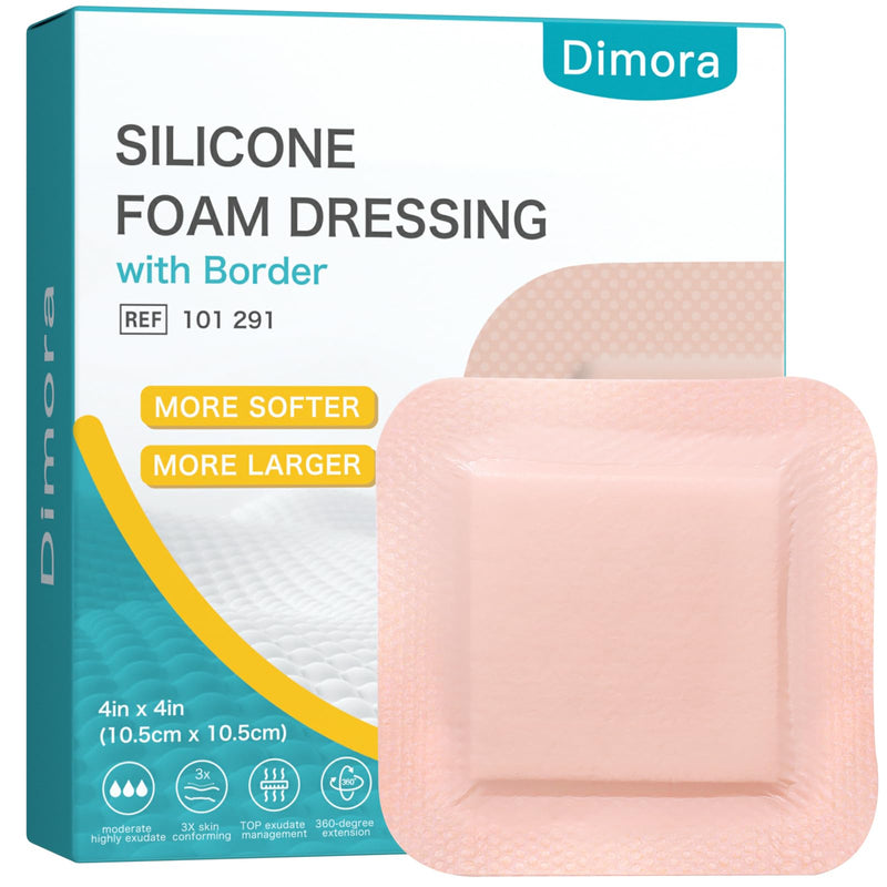 Dimora Ultra Soft Silicone Foam Dressing 4"x4" (10 Pack)- Upgraded Absorbency Wound Dressing with Widened Border, Adhesive Foam Bandages for Bed Sores, Burn, Ulcer, Surgical Wound, FSA/HSA Eligible 4x4 Inch