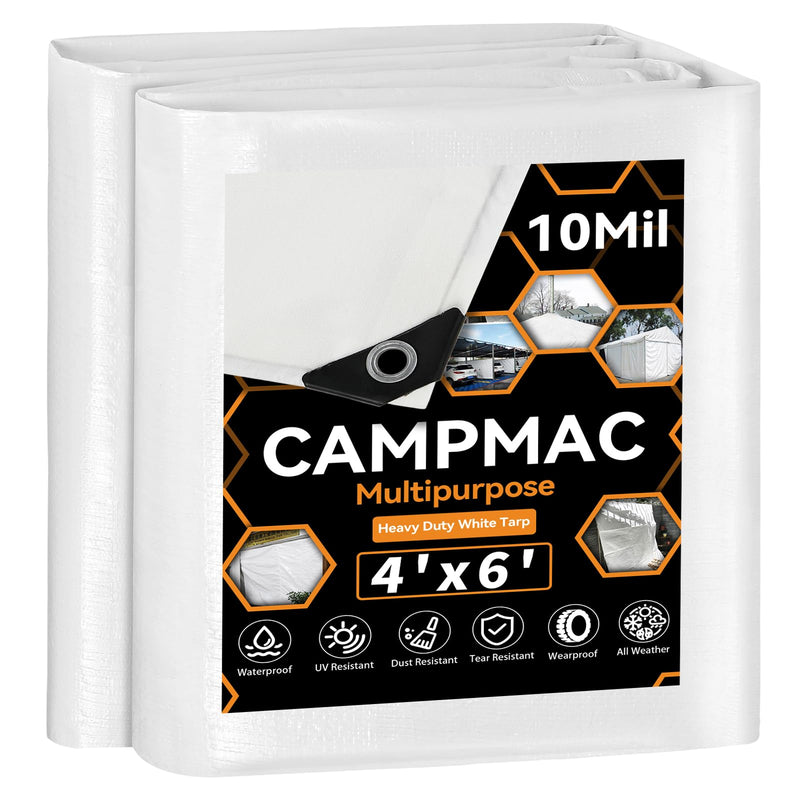White Heavy Dut Waterproof Tarp 4' x 6', 10 Mil Thick, High Durability, Rip and Tear Resistant with Metal Grommets Every 20 Inches 4 FT x 6 FT White