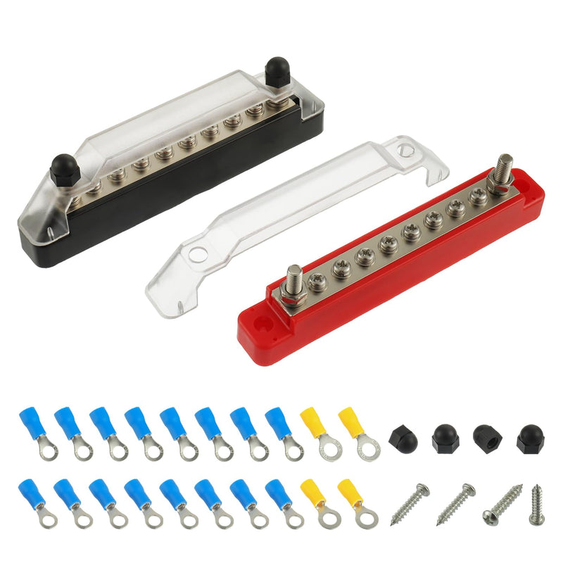 BOJACK Power Distribution Terminal with Cover 2 x 1/4"(M6) Terminal Studs, 8 x M4 Terminal Screws, Red and Black Marine Battery Bus Bar Block with Ring Terminals for Automotive Boat Solar Wiring 2*M6 Studs&8*M4 Screws-BK+R