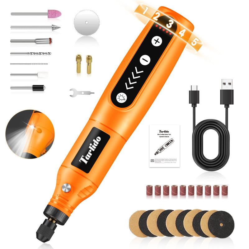Rotary Tool - 3.7V Cordless Rotary Tool Kit 2.0Ah 18000RPM 5-Speed EngraverTool with 31 Accessories, Mini Rotary Tool for Engraving,Sanding, Grinding, Polishing, Carving, Etching, DIY-Orange Orange
