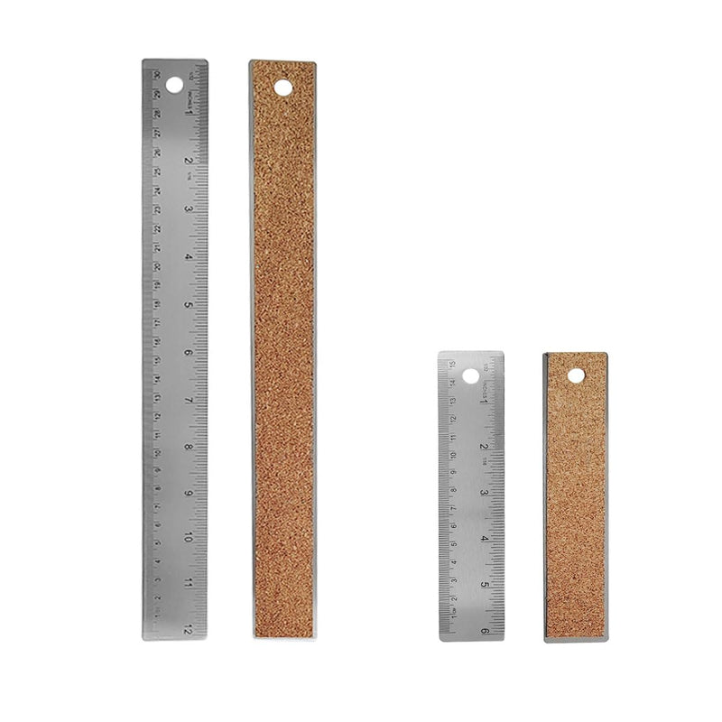 Stainless Steel Cork Back Metal Ruler, 6 Inch 12 Inch Straight Edge Cork Base Rulers, Metal Ruler Cork Backed, Stainless Steel Metal Ruler with Cork Backing, Non-Slip Straight Edge Rulers, 2 Pack