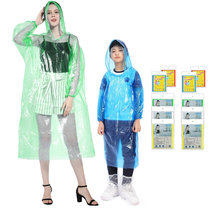 Ponchos Family Pack, Disposable Rain Poncho with Drawstring Hood for Adults and Kids (10 Packs 5 Colors) 6 Adult Colorful+4 Kids Colorful