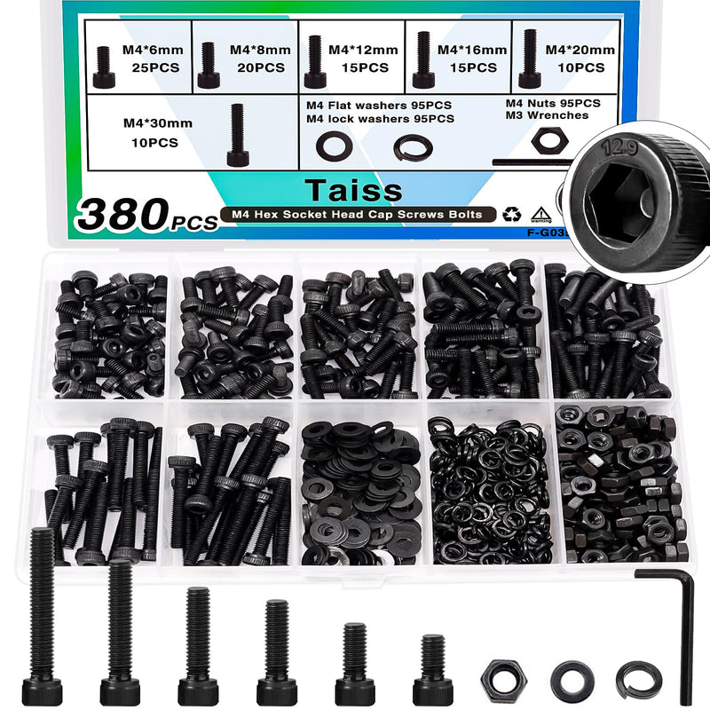 Taiss 380PCS M4 Screw Kit,Hex Socket Head Cap Screws Assortment with Nuts/Washers/Hex Wrench M4x6/8/12/16/20/30mm,12.9 Grade Alloy Steel Black Zinc Plated Small Metric Screws,M4 Bolts