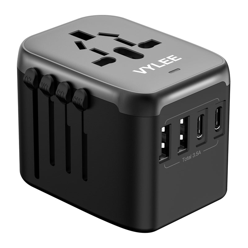 Universal International Power Travel Plug Adapter, 5 in 1 European Travel Plug Adapter W/ 3.5A 2xUSB-A and 2xUSB C Wall Charger and Worldwide AC Outlet for Europe USA UK AUS Asia (Black Grey) Regular Black Grey